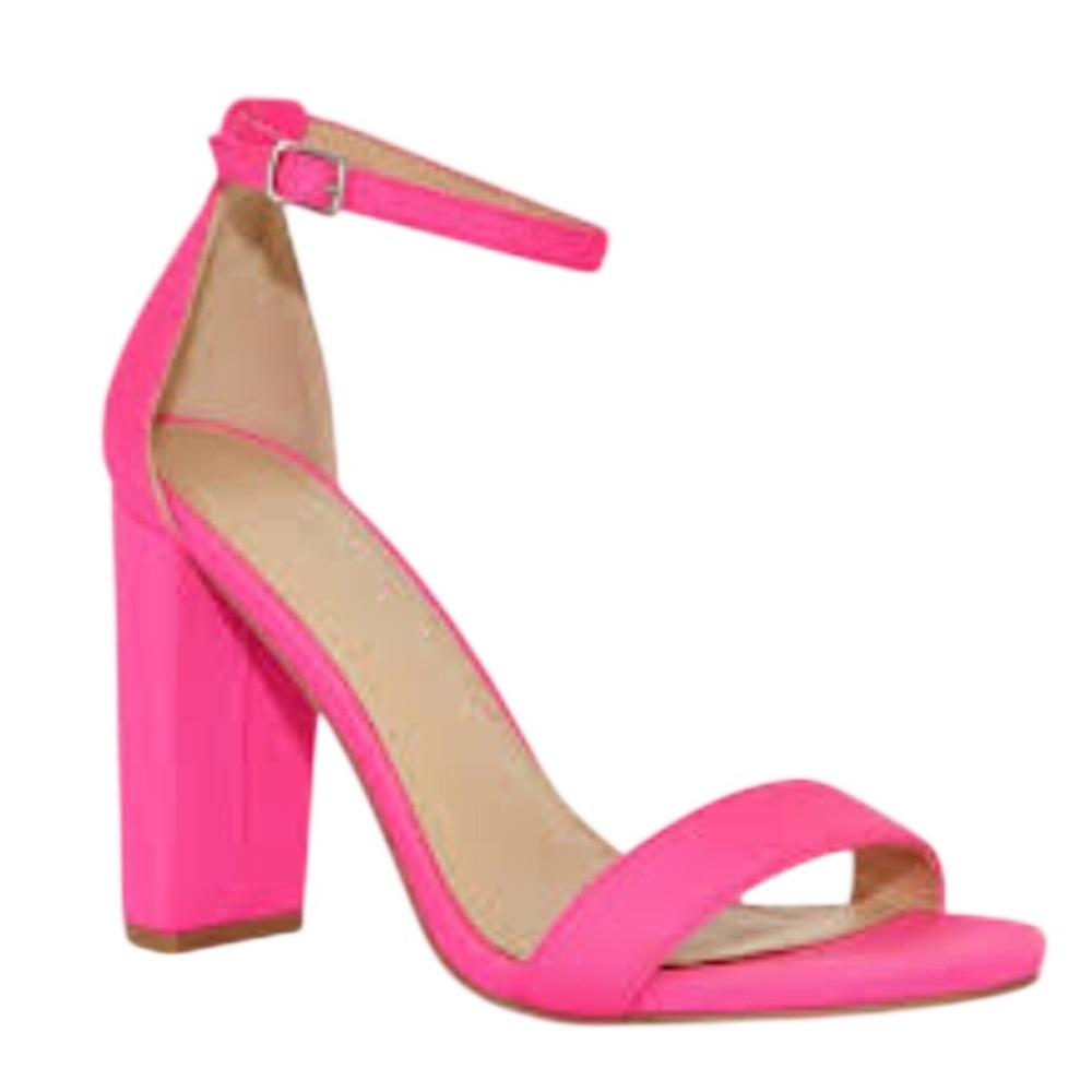 Neon Pink Block Heel Sandals Ankle Strap Dress Shoes Womens 6 Hot Pink